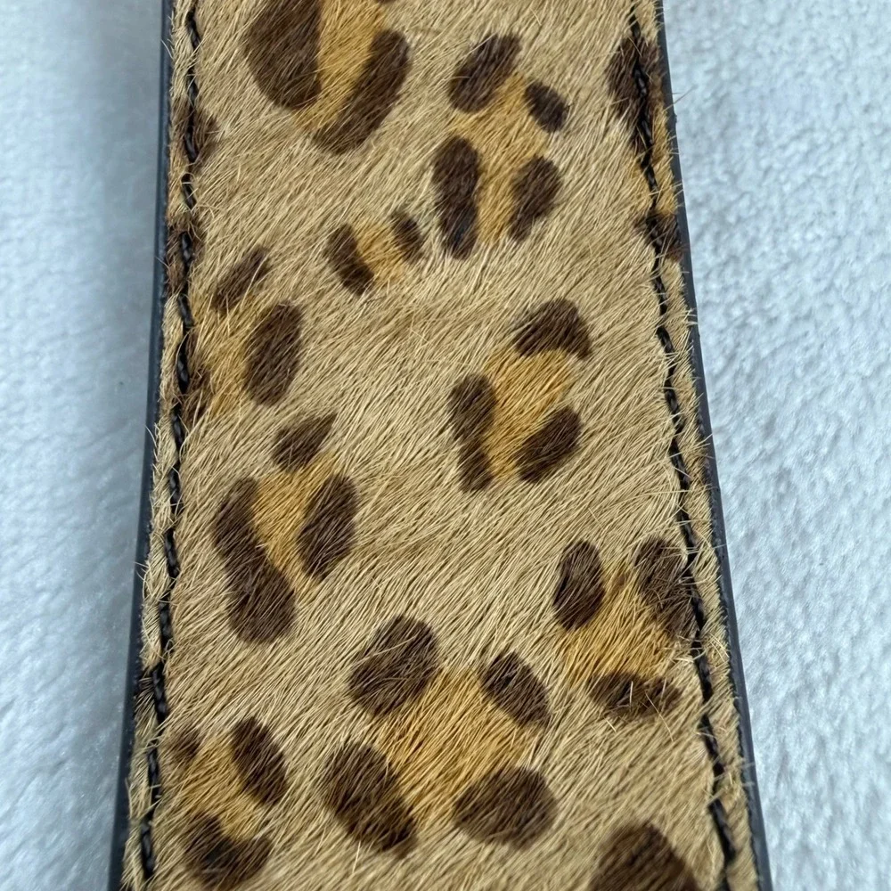 Leopard Calf Hair Belt Womens Small Brown Gold Square Buckle Leather Face Wide